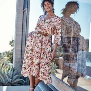 J. Jill Pebbled Hydrangea Floral Midi Dress Dipped Hem 3/4 Sleeves w/Pockets